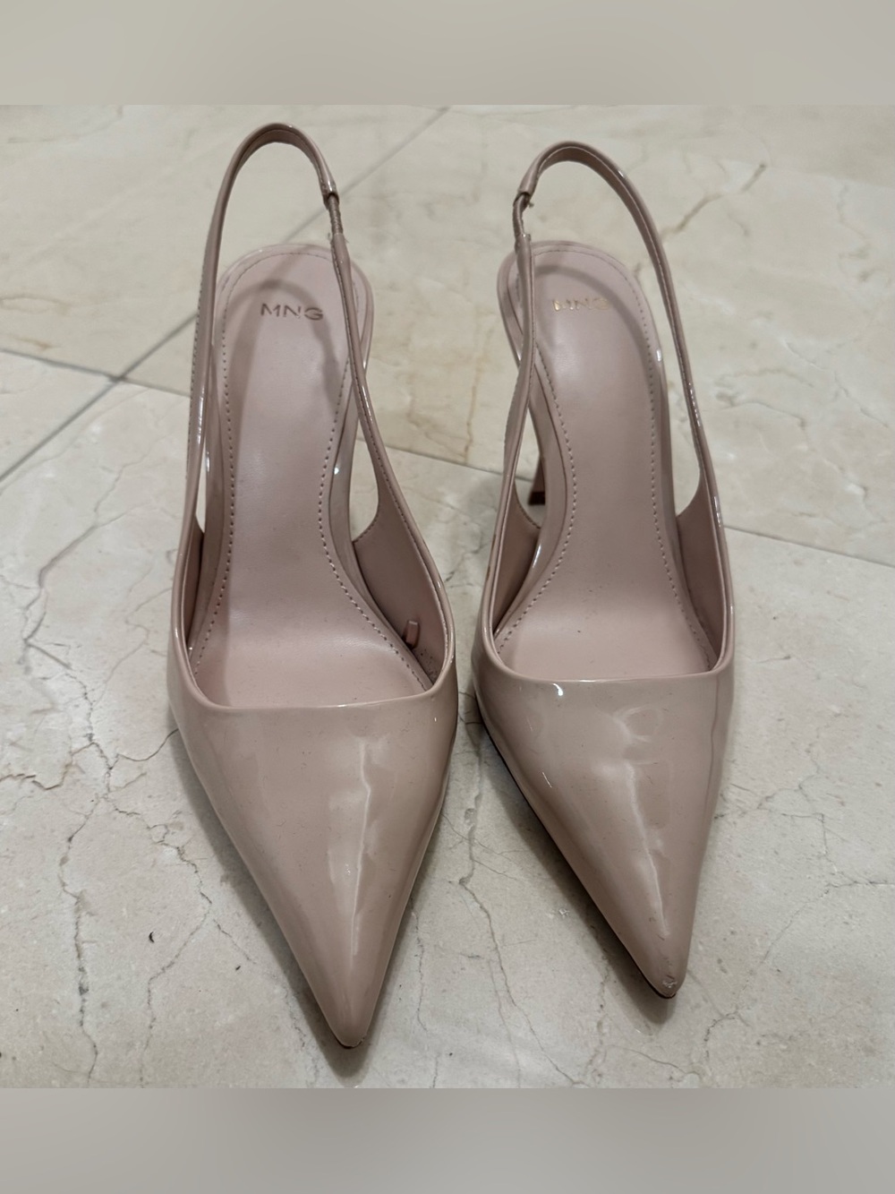 MNG Mango Shiny Beige Pump Slingback Short Heel - Picture 2 of 7